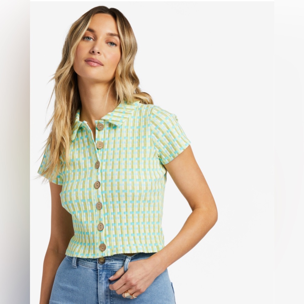 BILLABONG Forever Friend rib Knit Top blue green stretch retro cropped size M